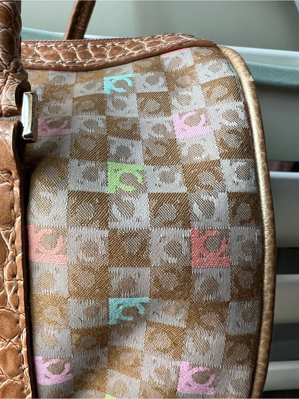Liz Claiborne Multicolor Monogram Satchel with Tan Trim